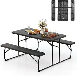 Folding Picnic Table with 2 Benches, Outdoor Metal Camping Table Set with Plastic Wood-Like Texture Tabletop & Steel Frame, Fol