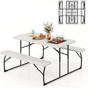 Folding Picnic Table with 2 Benches, Outdoor Metal Camping Table Set with Plastic Wood-Like Texture Tabletop & Steel Frame, Fol