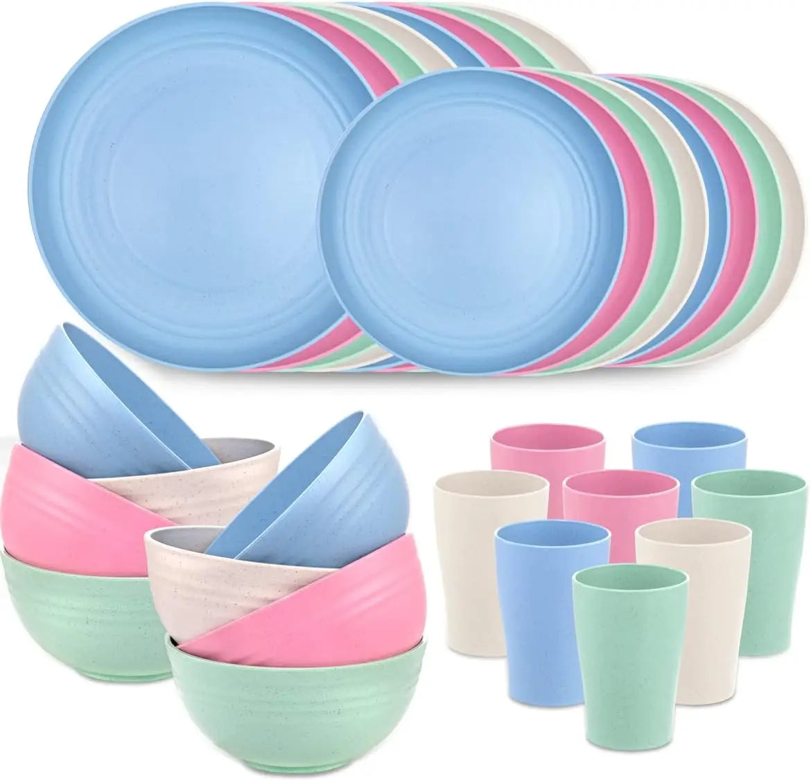 Wheat Straw Dinnerware Sets, Dinnerware Sets for 8, Plates and Bowls Sets, Reusable Dinnerware Set, Microwave