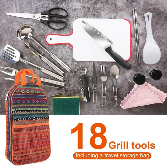 19pcs camping cooking kit Portable picnic cookware Outdoor kitchen Gear campfire BBQ kit with storage bag