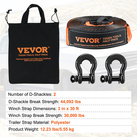 SucceBuy Off-Road Winch Recovery Kit W/30000 lbs Polyester Tow Strap 44,092 lbs D-Ring Shackles Storage Bag for ATV Jeep