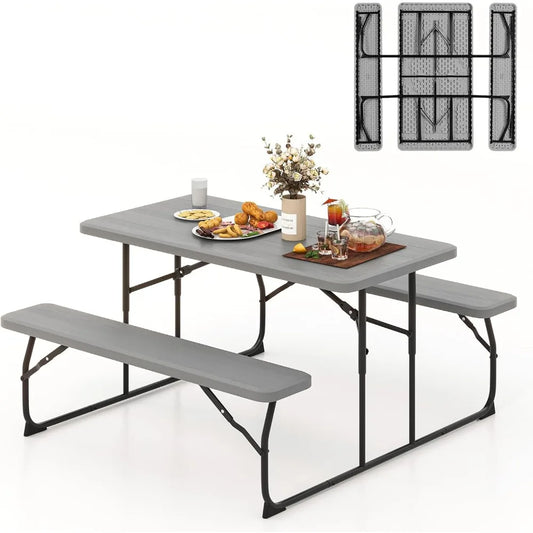 Folding Picnic Table with 2 Benches, Outdoor Metal Camping Table Set with Plastic Wood-Like Texture Tabletop & Steel Frame, Fol