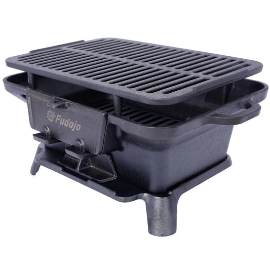 Portable Oval Cast Iron Grill - Enameled Charcoal BBQ for Outdoor Cooking, Durable Tabletop Hibachi Skillet & Camping Stove