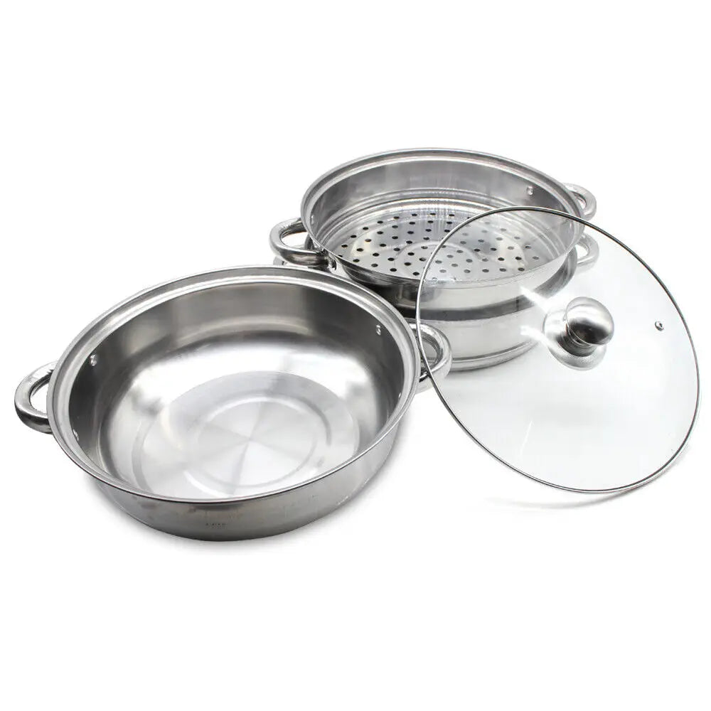 3 Tier Steamer Hot Pot Stainless Steel Cooker Steam Pot Food Cooking + Glass Lid